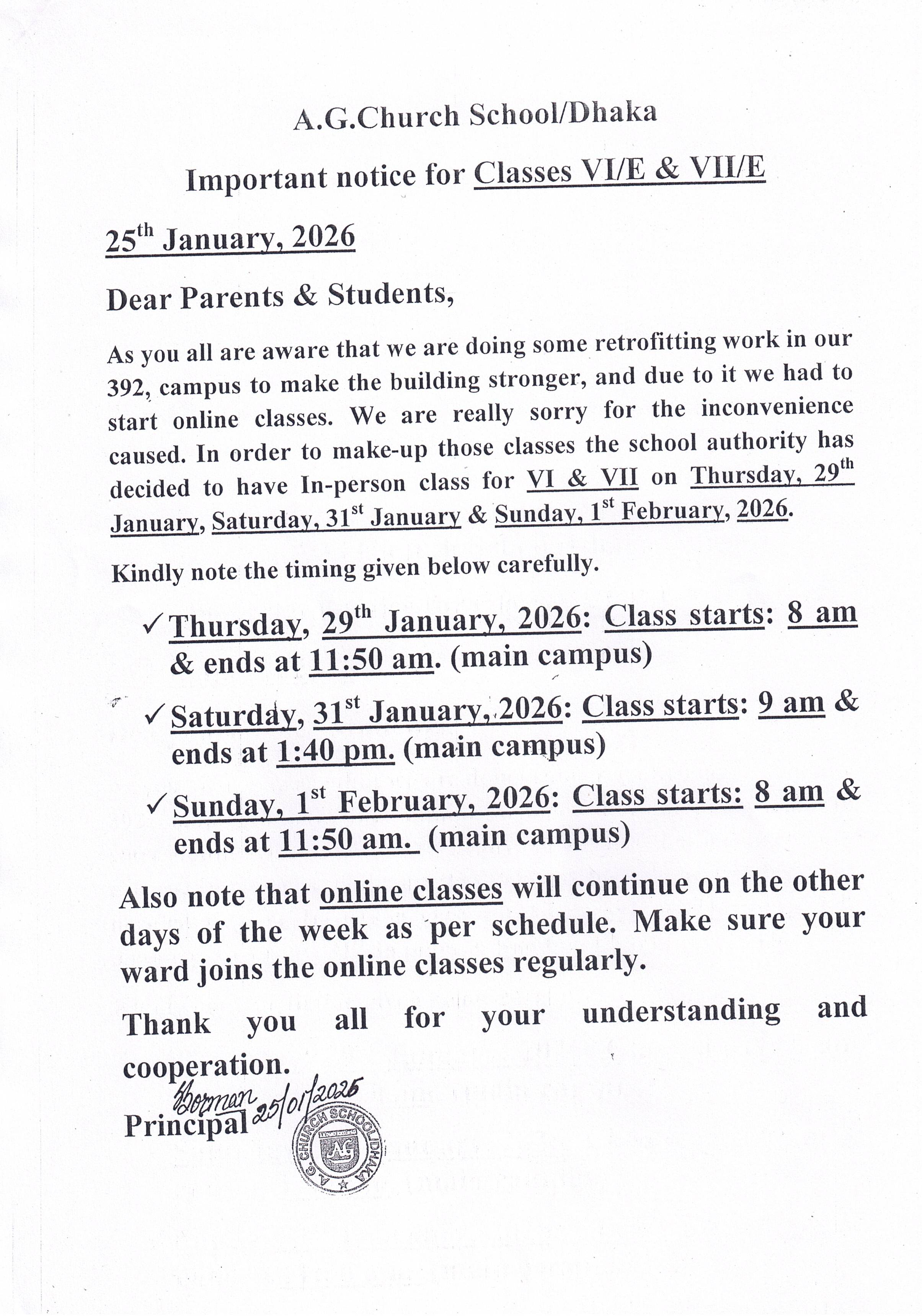 Notice for Online Class (25 January 2026 )